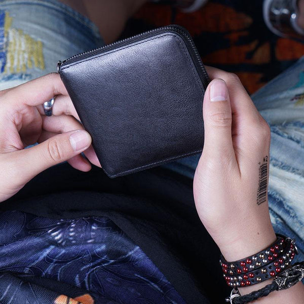 Genuine Leather Mens Cool Zipper Leather Wallet Men Small Wallets Bifold for Men - iChainWallets