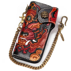 Handmade Leather Monster Mens Tooled Chain Biker Wallet Cool Leather Wallet Long Phone Wallets for Men