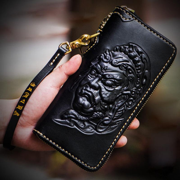 Handmade Leather Acalanatha Mens Chain Biker Wallet Cool Leather Wallet Long Clutch Wallets for Men