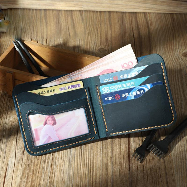 Handmade Slim Blue Leather Mens Billfold Wallet Personalize Bifold Small Wallets for Men