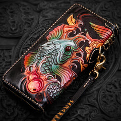 Handmade Leather Tooled Carp Mens Chain Biker Wallest Cool Leather Wallets Long CHain Wallets for Men