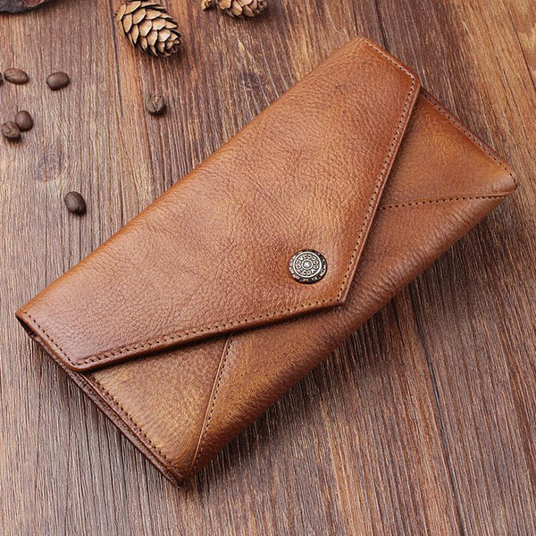 Handmade Leather Mens Cool Long Leather Wallet Bifold Envelope Clutch Wallet for Men - iChainWallets