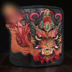 Handmade Leather Monster Mens Chain Tooled Biker Wallet Cool Leather Wallet Long Phone Wallets for Men