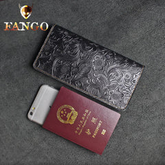 Handmade Leather Floral Mens Cool Travel Long Wallet Passport Card Holder Card Slim Wallets for Men