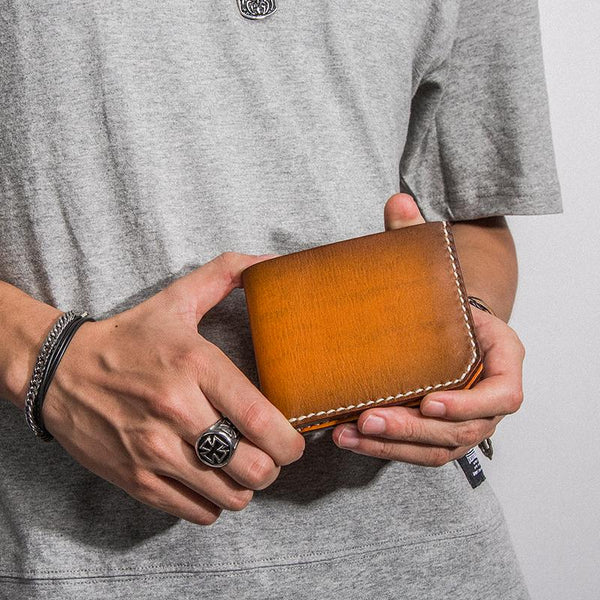 Handmade Mens Cool billfold Leather Wallet Men Small Slim Wallets Bifold for Men - iChainWallets
