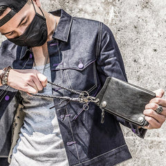 Genuine Mens Cool Long Leather Chain Wallet Biker Trucker Wristlet Wallet