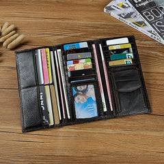 Genuine Leather Mens Trifold Wallet Coffee Long Wallet for Men with Multi Cards