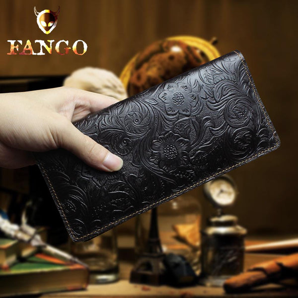 Handmade Leather Floral Mens Cool Travel Long Wallet Card Holder Card Slim Clutch Wallets for Men