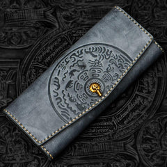 Handmade Leather Tooled Gray Women Envelope Vintage Leather Wallet Long Phone Clutch Wallets for Women