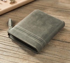 Handmade Leather Mens Cool Slim Leather Zipper Wallet Men Small Wallets Bifold for Men