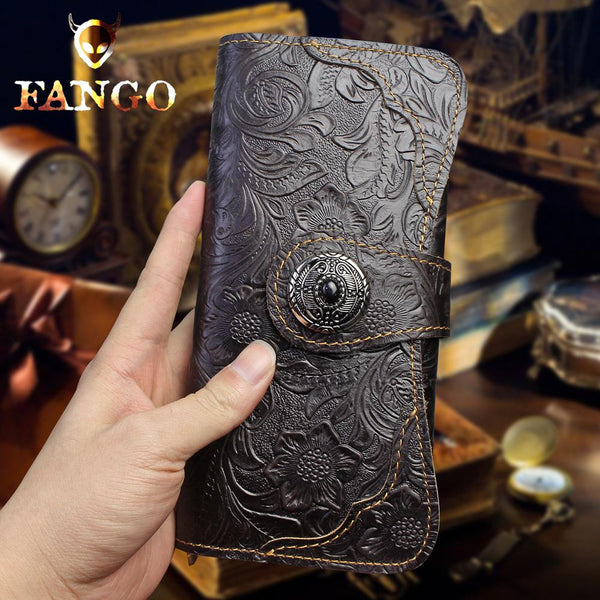 Handmade Leather Floral Mens Cool Travel Long Wallet Card Holder Card Slim Clutch Wallets for Men