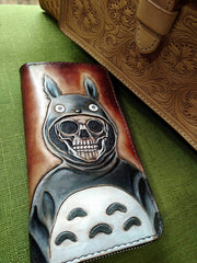 Handmade Leather Skull Totoro Tooled Mens Long Wallet Cool Leather Wallet Clutch Wallet for Men