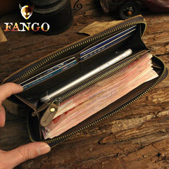 Handmade Leather Floral Mens Cool Zipper Phone Travel Long Wallet Card Holder Card Slim Clutch Wallets for Men