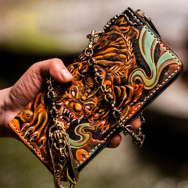 Handmade Leather Mens Tooled Monster Chain Biker Wallets Cool Leather Wallet Long Clutch Wallets for Men