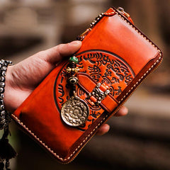 Handmade Leather Mens Tibetan Chain Biker Wallet Cool Leather Wallets Long Clutch Wallets for Men