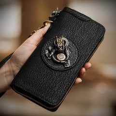 Handmade Leather Black Sharkskin Chain Wallet Mens Biker Wallet Cool Leather Wallet Long Phone Wallets for Men