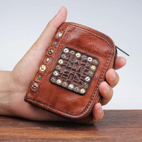 Handmade Mens Cool billfold Leather Wallet Men Small Zipper Wallets Bifold for Men - iChainWallets
