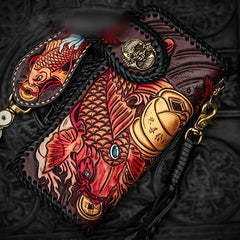 Handmade Leather Tooled Carp Mens Chain Biker Wallets Cool Leather Wallet Long Biker Wallets for Men