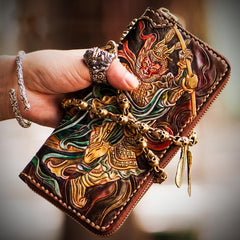 Handmade Leather Tooled Monkey King Mens Chain Biker Wallet Cool Leather Wallet Long Clutch Wallets for Men