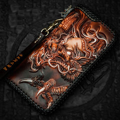 Cool Leather Tooled Chinese Dragon Chain Wallet Mens Biker Wallet Leather Wallet Long Phone Wallets for Men