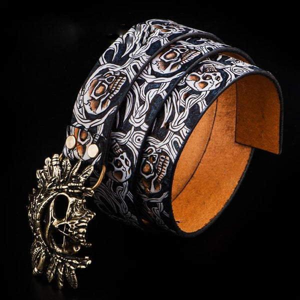 Handmade Genuine Leather Tooled Skull Mens Belt Custom Cool Leather Men Belt for Men