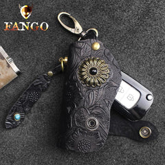 Handmade Leather Floral Mens Cool Car Key Wallet Coin Wallet Pouch Car KeyChain for Men