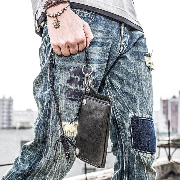 Genuine Mens Cool Long Leather Chain Wallet Biker Trucker Wristlet Wallet - iChainWallets