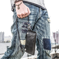 Genuine Mens Cool Long Leather Chain Wallet Biker Trucker Wristlet Wallet