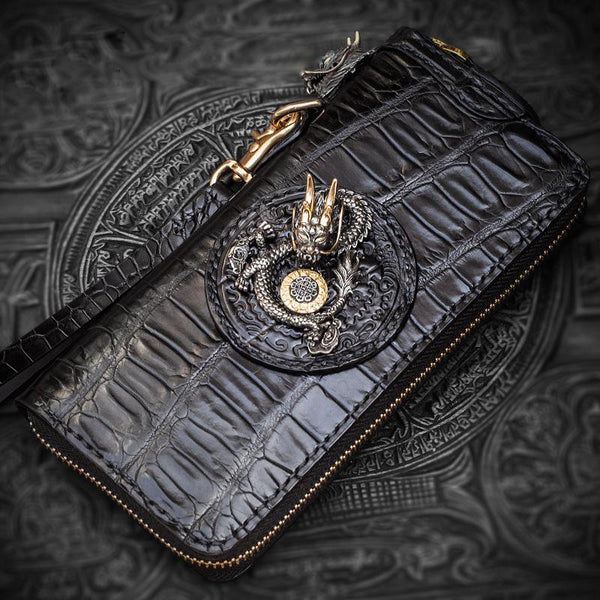 Handmade Leather Chinese Dragon Mens Chain Biker Wallet Cool Leather Wallet Long Clutch Wallets for Men