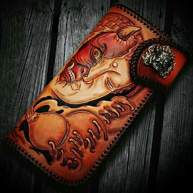 Handmade Leather Tooled Buddha&Demon Mens Long Chain Biker Wallet Cool Leather Wallet With Chain Wallets for Men