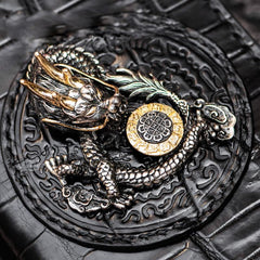Handmade Leather Chinese Dragon Mens Chain Biker Wallet Cool Leather Wallet Long Clutch Wallets for Men