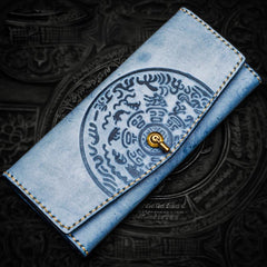 Handmade Leather Tooled Gray Women Envelope Vintage Leather Wallet Long Phone Clutch Wallets for Women