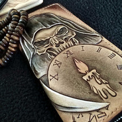 Handmade Leather Skull Death Tooled Mens Long Wallet Cool Leather Wallet Clutch Wallet for Men