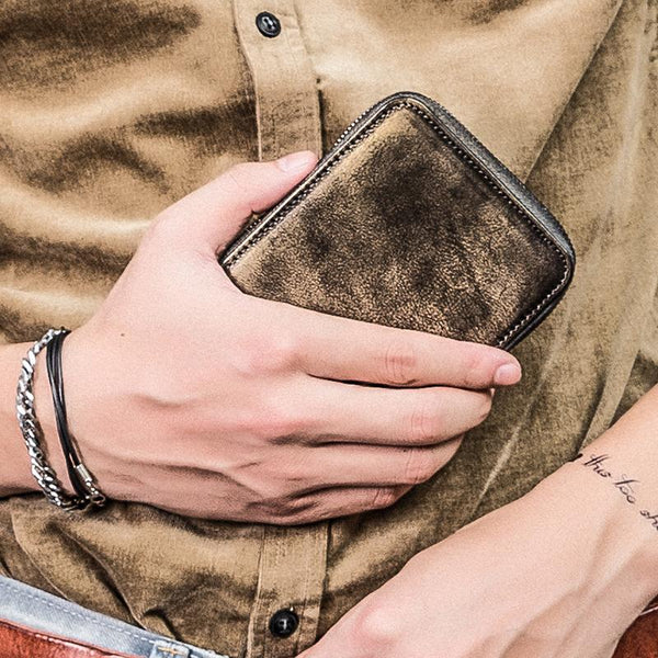 Handmade Mens Cool billfold Leather Wallet Men Small zipper Wallets Bifold for Men - iChainWallets