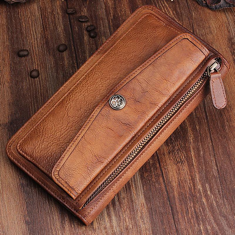 Handmade Leather Mens Cool Long Leather Wallet Bifold Clutch Wallet for Men - iChainWallets