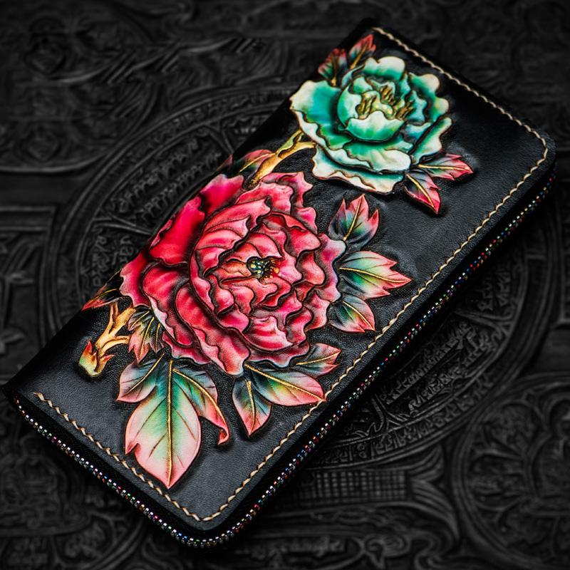 Handmade Leather Tooled Black Peony Cool Leather Wallet Zipper Long Phone Clutch Wallets for Women