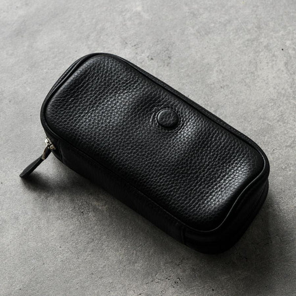 Cool Leather Black Mens Leather 2pcs Tobacco Pipe Case Zipper Tobacco Pipe Case for Men