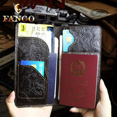 Handmade Leather Floral Mens Cool Travel Long Wallet Passport Card Holder Card Slim Wallets for Men