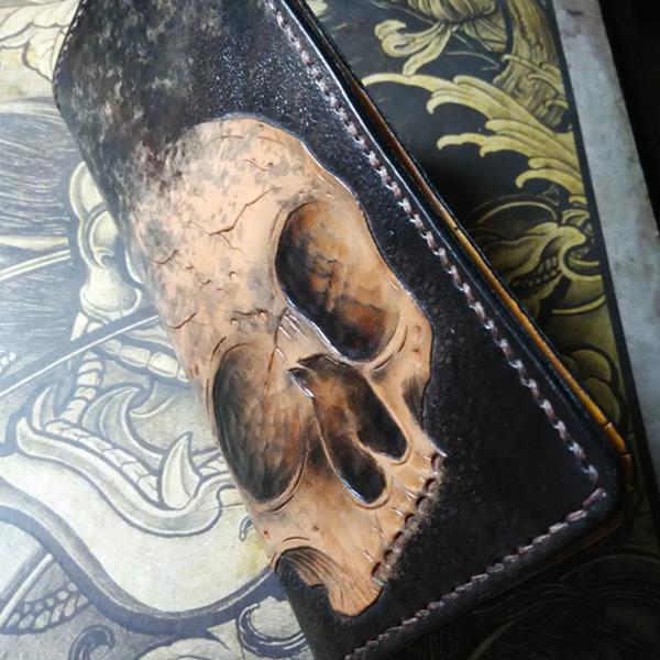 Handmade Leather Skull Tooled Mens Long Wallet Cool Leather Wallet Clutch Wallet for Men