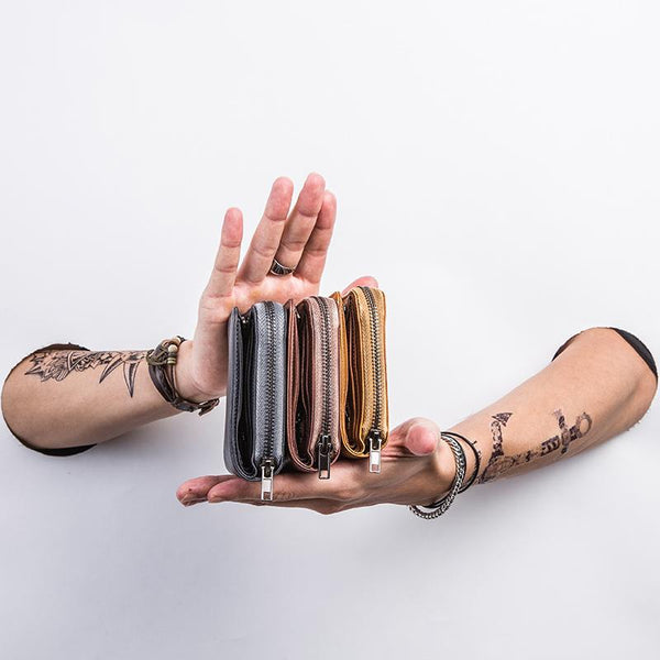 Genuine Leather Mens Cool Zipper Leather Wallet Men Small Wallets Bifold for Men - iChainWallets