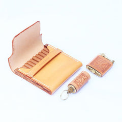 Cool Wooden Beige Leather Mens 10pcs Cigarette Case Custom Cigarette Holder for Men