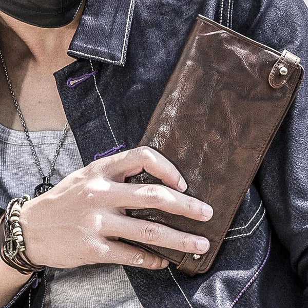 Genuine Leather Mens Cool Long Leather Wallet Bifold Clutch Wallet for Men - iChainWallets