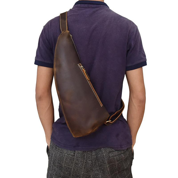 Handmade Leather Mens Cool Chest Bag Sling Bag Crossbody Bag Travel Bag Hiking Bag for men