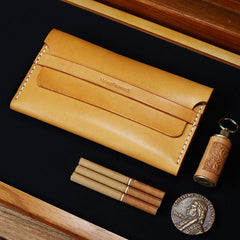 Cool Wooden Slim Leather Mens 20pcs Cigarette Case Custom Beige Cigarette Holder for Men