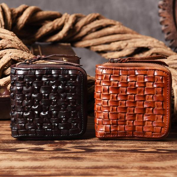 Handmade Leather Mens Cool Wallet Men Braided Wallets Zipper Wallet for Men - iChainWallets