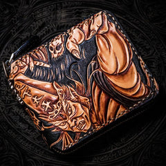 Handmade Leather Chinese Black&White Tooled Mens billfold Wallet Cool Leather Wallet Biker Wallet for Men