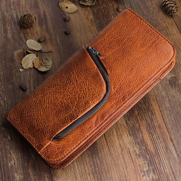 Handmade Leather Mens Cool Long Leather Wallet Zipper Phone Clutch Wallet - iChainWallets