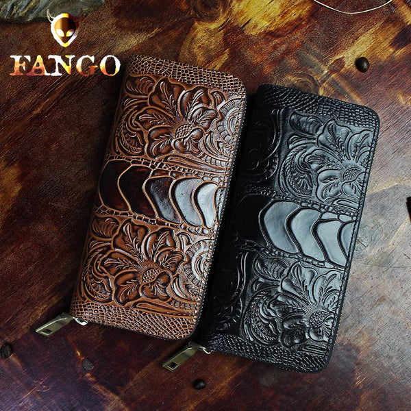 Handmade Leather Floral Mens Cool Zipper Phone Travel Long Wallet Card Holder Card Slim Clutch Wallets for Men