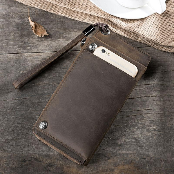 Handmade Leather Mens Cool Long Chain Wallet Phone Biker Trucker Wristlet Wallet