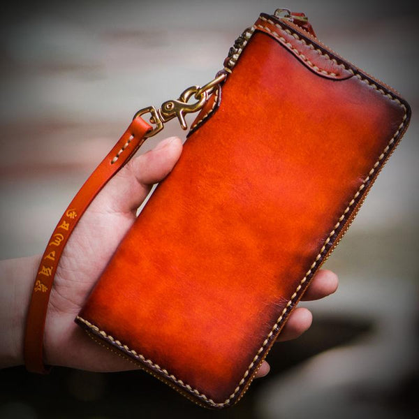 Handmade Leather Mens Chain Biker Wallet Cool Leather Long Wallet Clutch Wallets for Men